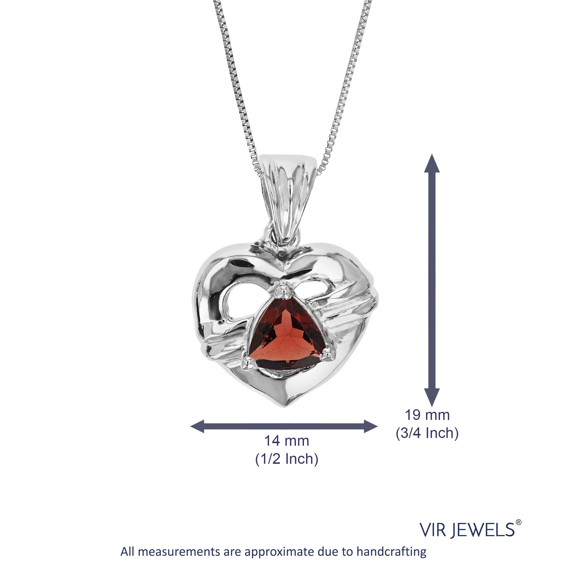 0.60 cttw Pendant Necklace, Garnet Triangle Pendant Necklace for Women in .925 Sterling Silver with Rhodium, 18 Inch Chain, Prong Setting