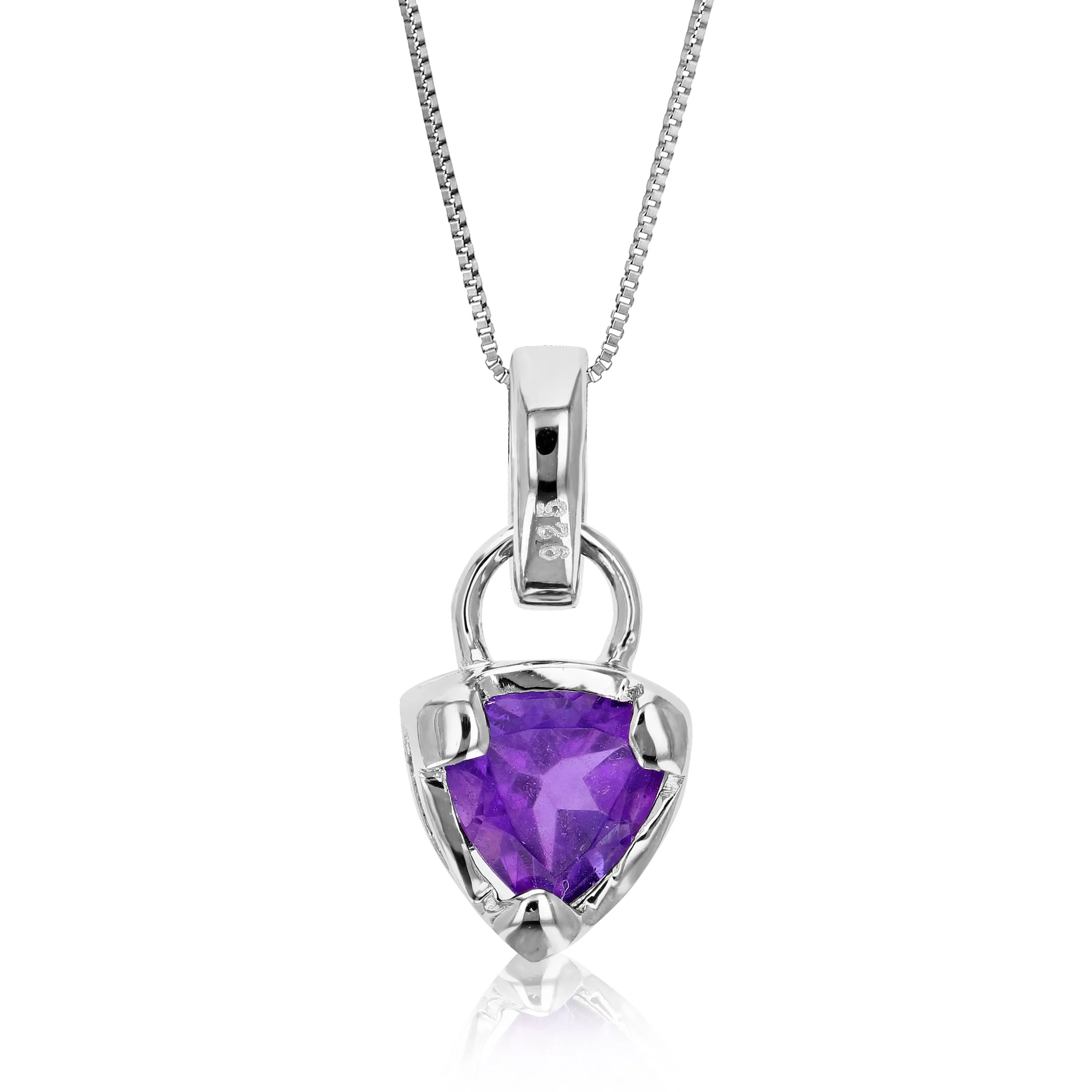 0.60 cttw Pendant Necklace, Purple Amethyst Trillion Shape Pendant Necklace for Women in .925 Sterling Silver with Rhodium, 18 Inch Chain, Prong Setting