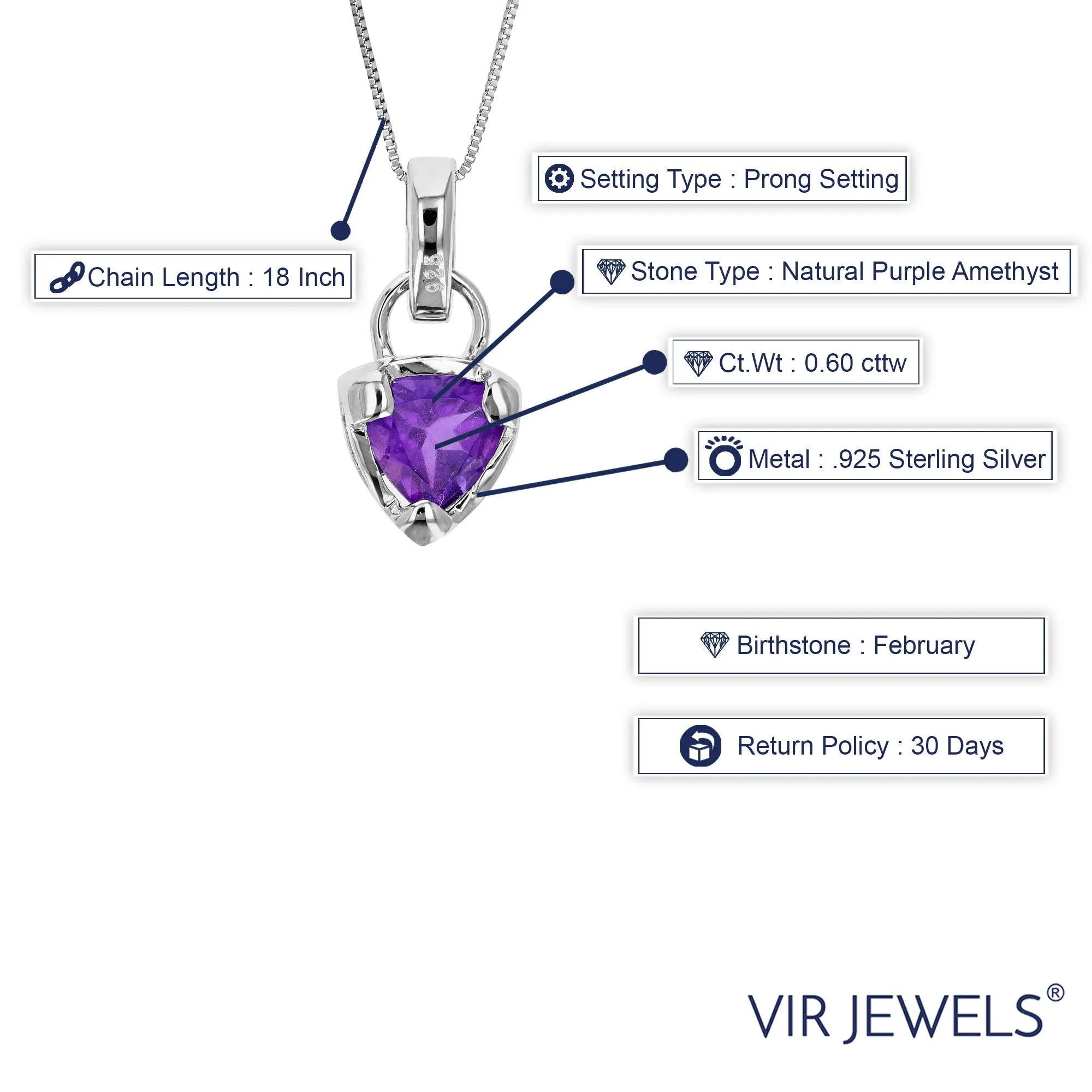 0.60 cttw Pendant Necklace, Purple Amethyst Trillion Shape Pendant Necklace for Women in .925 Sterling Silver with Rhodium, 18 Inch Chain, Prong Setting