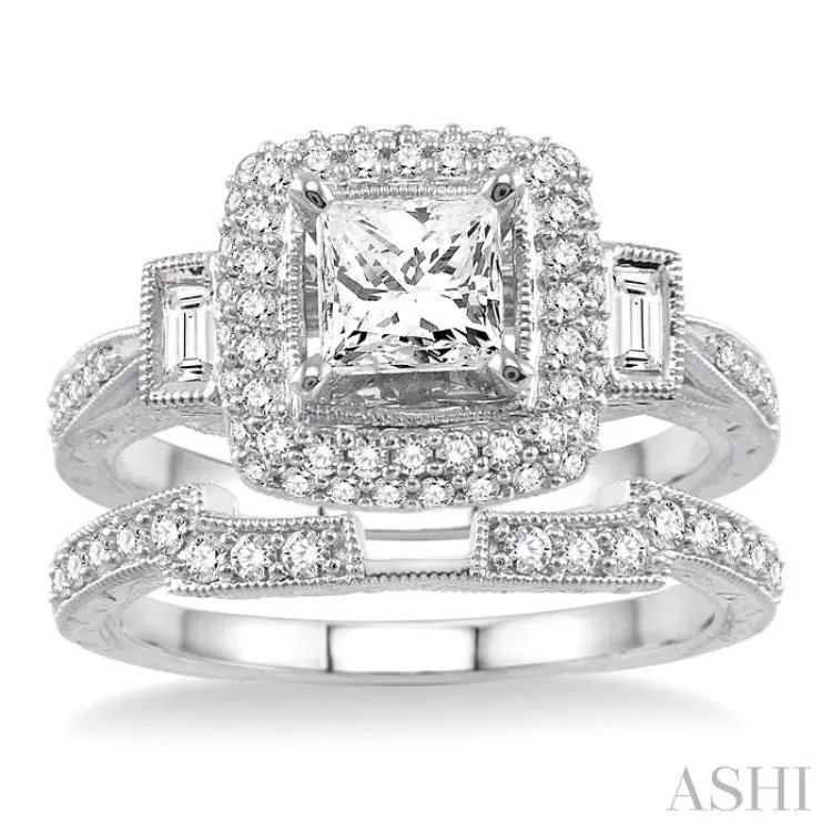 1 1/2 Ctw Diamond Wedding Set with 1 1/3 Ctw Princess Cut Engagement Ring and 1/6 Ctw Wedding Band in 14K White Gold