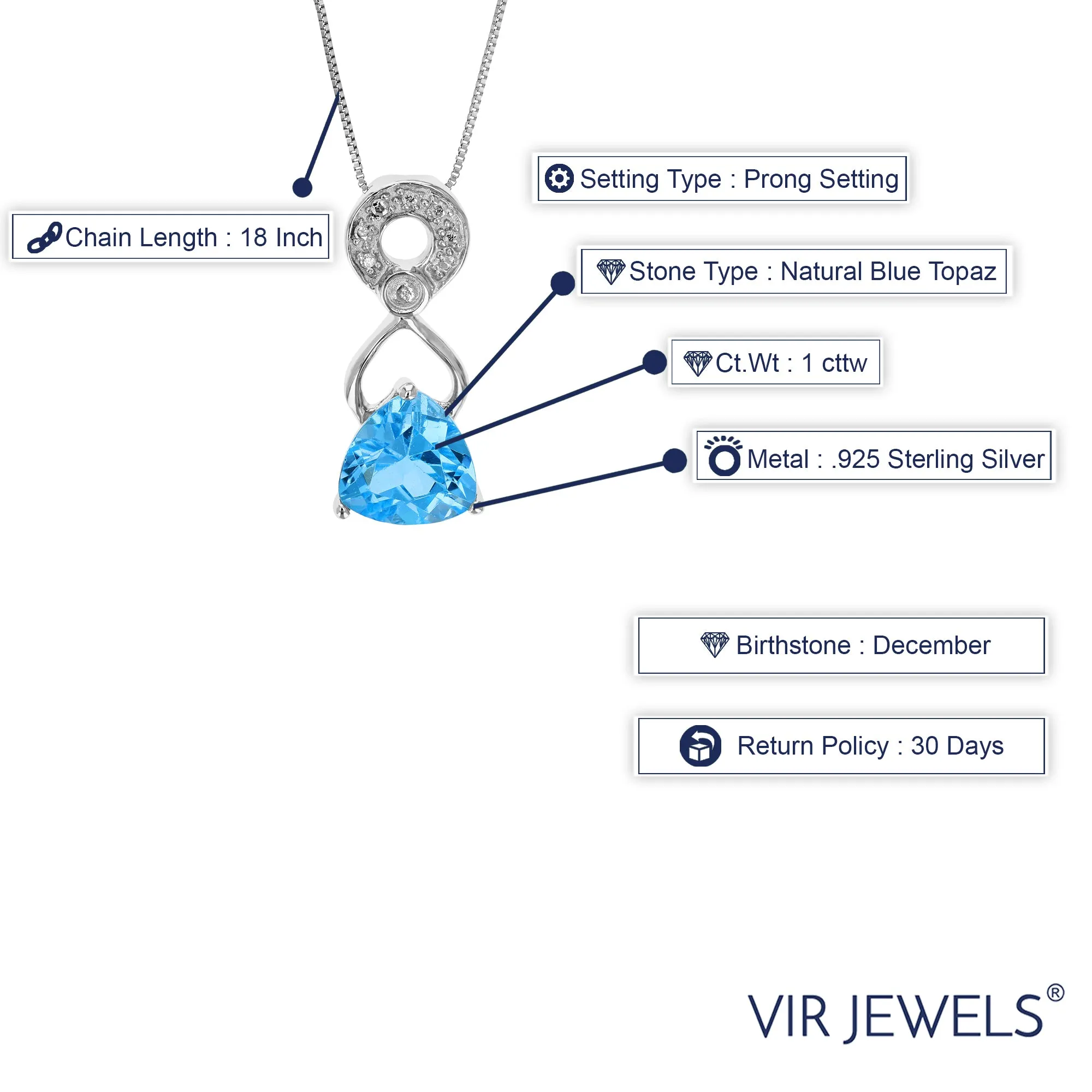 1 cttw Pendant Necklace, Swiss Blue Topaz Trillion Shape Pendant Necklace for Women in .925 Sterling Silver with Rhodium, 18 Inch Chain, Prong Setting