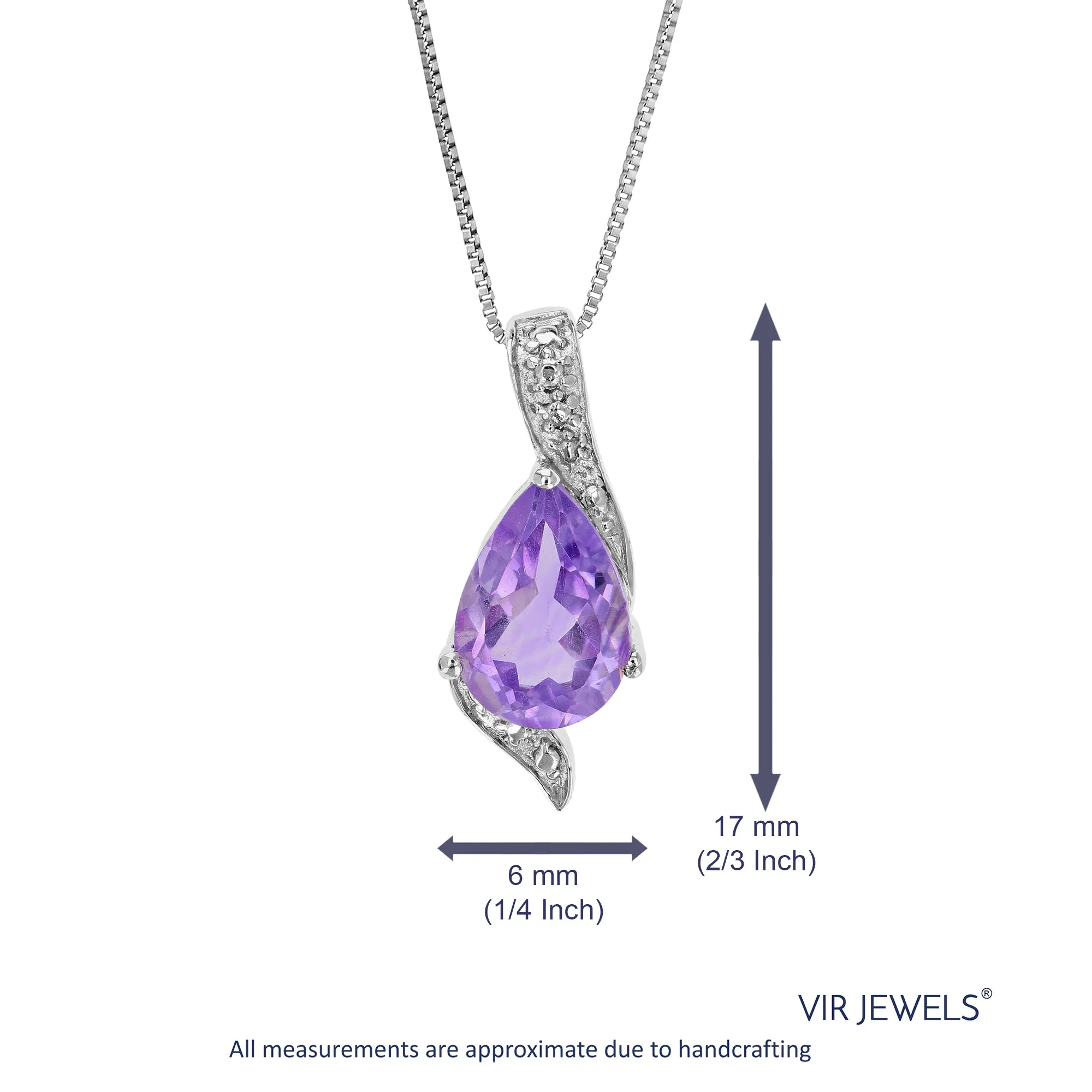 1.10 cttw Pendant Necklace, Purple Amethyst Pear Shape Pendant Necklace for Women in .925 Sterling Silver with Rhodium, 18 Inch Chain, Prong Setting