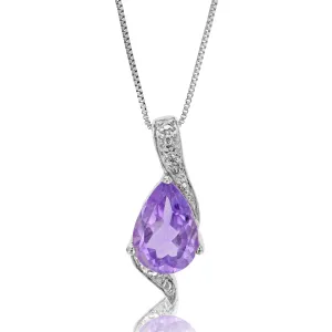 1.10 cttw Pendant Necklace, Purple Amethyst Pear Shape Pendant Necklace for Women in .925 Sterling Silver with Rhodium, 18 Inch Chain, Prong Setting