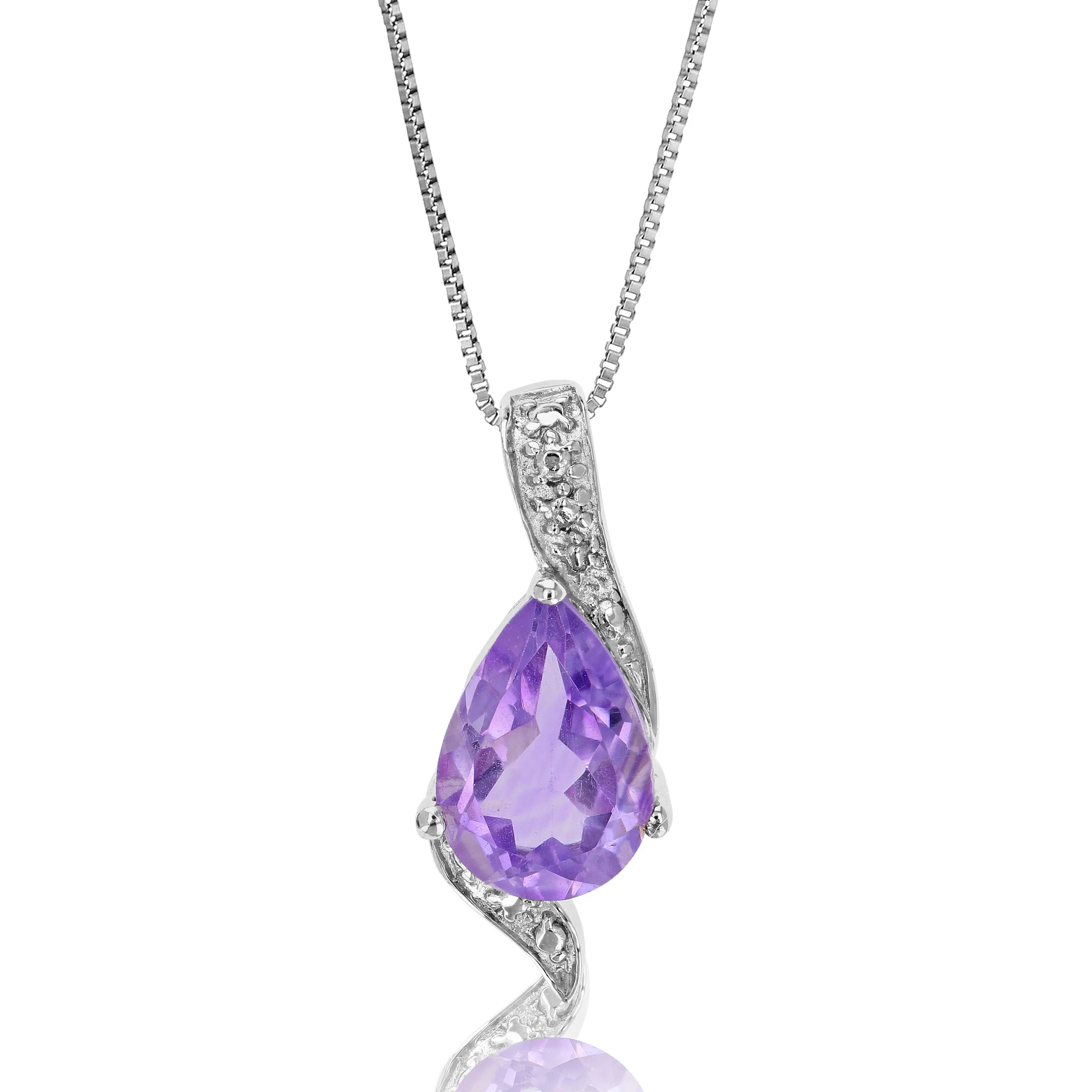 1.10 cttw Pendant Necklace, Purple Amethyst Pear Shape Pendant Necklace for Women in .925 Sterling Silver with Rhodium, 18 Inch Chain, Prong Setting