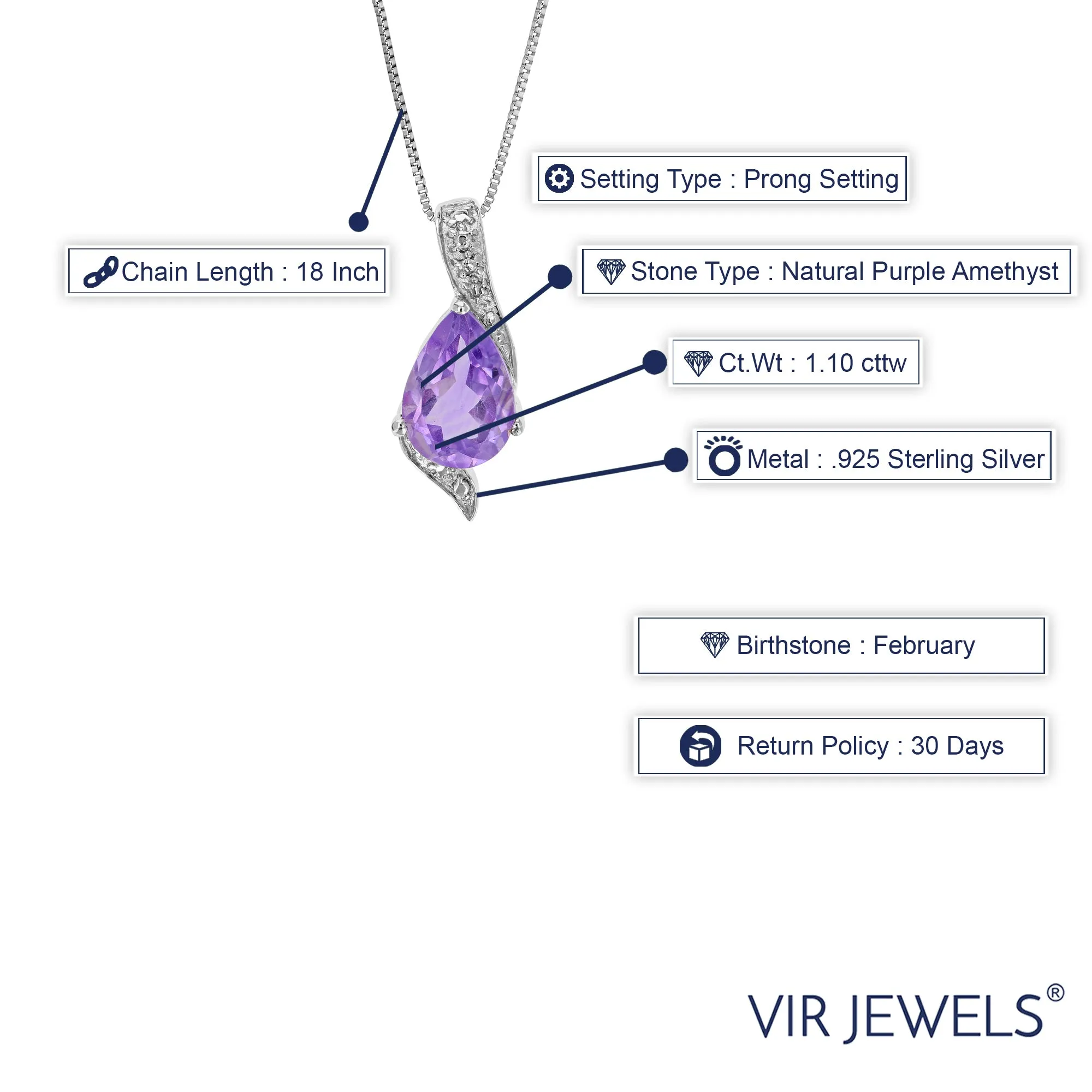 1.10 cttw Pendant Necklace, Purple Amethyst Pear Shape Pendant Necklace for Women in .925 Sterling Silver with Rhodium, 18 Inch Chain, Prong Setting