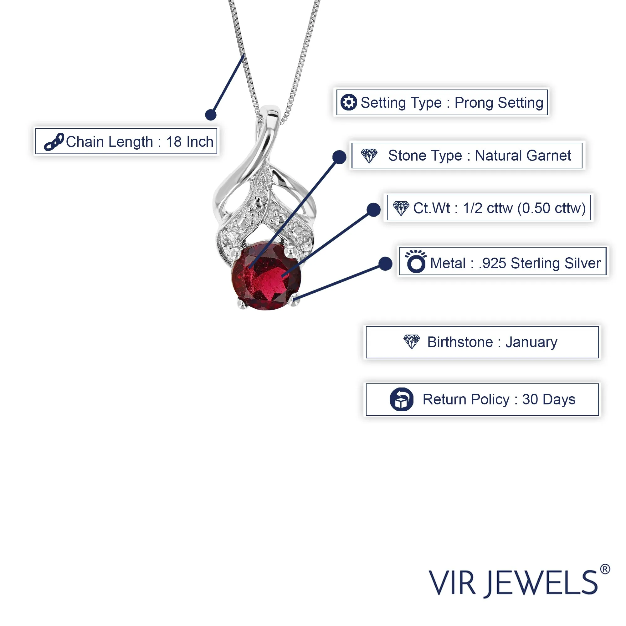 1/2 cttw Pendant Necklace, Garnet Pendant Necklace for Women in .925 Sterling Silver with Rhodium, 18 Inch Chain, Prong Setting