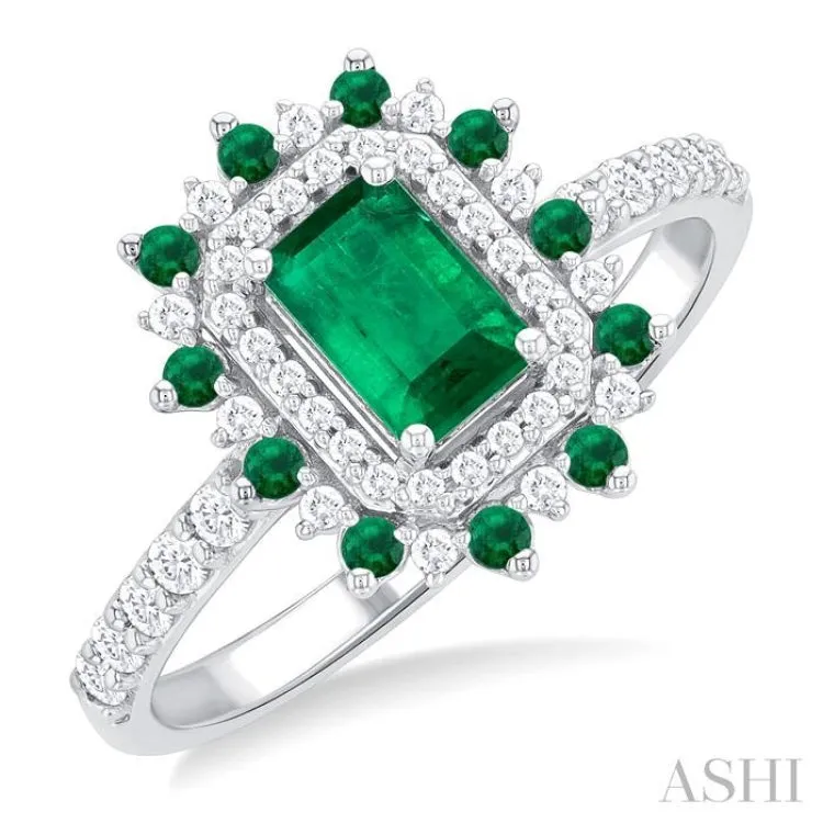 1/3 ctw Floral 6X4MM Emerald & 1.5MM Round Cut Ruby and Round Cut Diamond Precious Ring in 14K White Gold