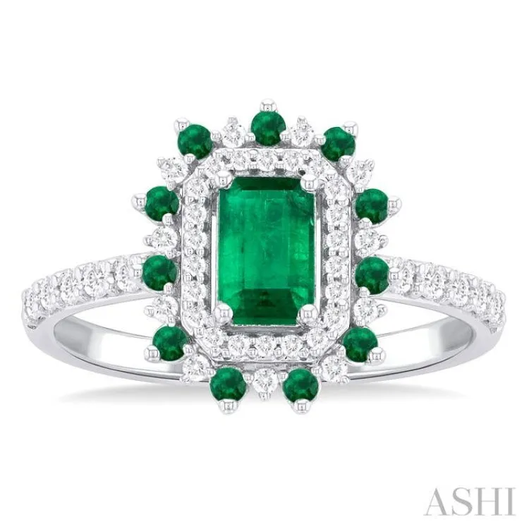 1/3 ctw Floral 6X4MM Emerald & 1.5MM Round Cut Ruby and Round Cut Diamond Precious Ring in 14K White Gold