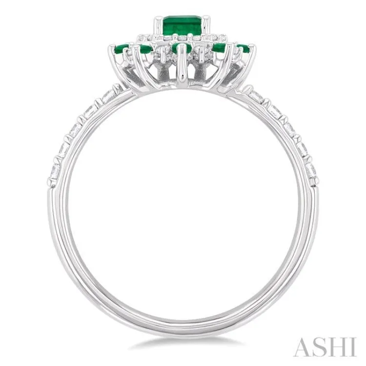 1/3 ctw Floral 6X4MM Emerald & 1.5MM Round Cut Ruby and Round Cut Diamond Precious Ring in 14K White Gold