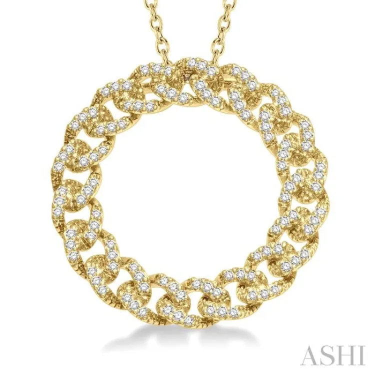 1/3 Ctw Round Cut Diamond Circular Curb & Cuban Pendant with Chain in 14K Yellow Gold