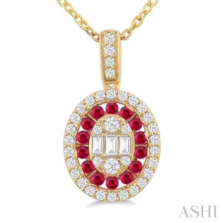 1/4 Ctw Oval Shape 1.25 MM Ruby, Baguette and Round Cut Diamond Precious Pendant With Chain in 14K Yellow Gold