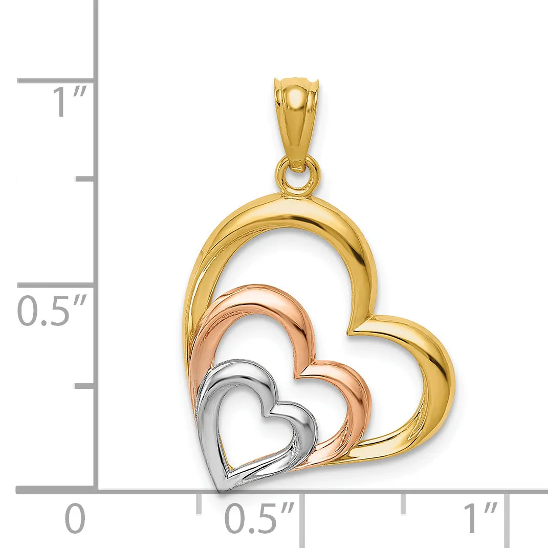 14K Two-Tone Gold White Rhodium Polished 3 Hearts Pendant