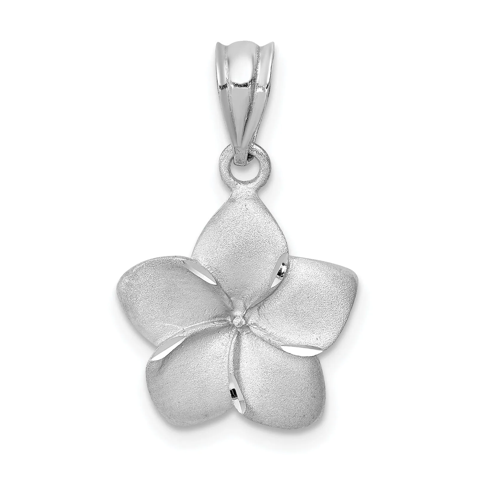 14K White Gold Diamond-cut Solid Brushed Finish Plumeria Charm Pendant