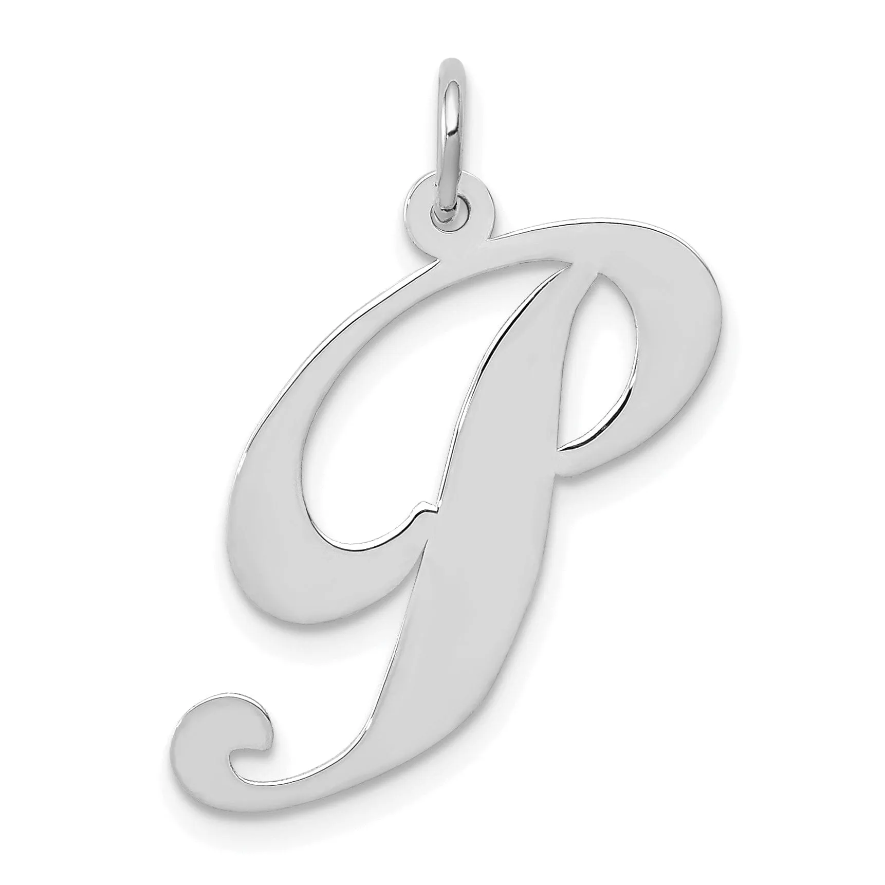 14K White Gold Large Size Fancy Script Letter P Initial Charm Pendant