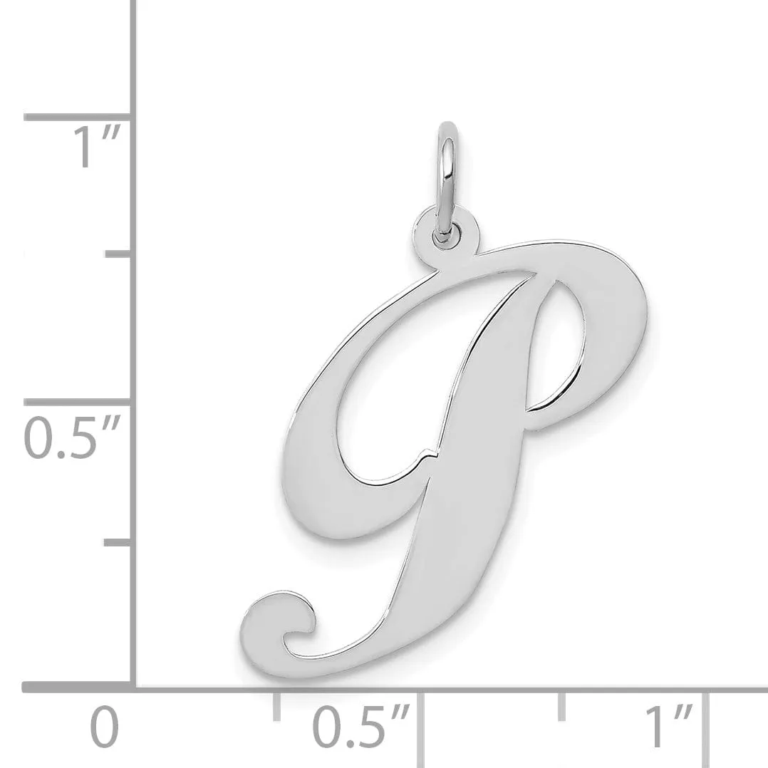 14K White Gold Large Size Fancy Script Letter P Initial Charm Pendant