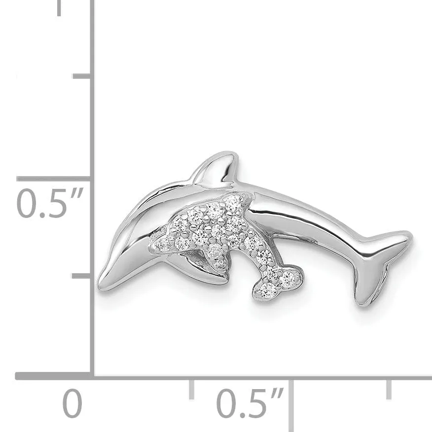 14k White Gold Polished Finish Diamond Mother And Baby Dolphins Design Chain Slide Pendant