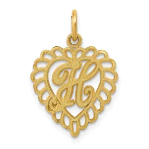 14k Yellow Gold Heart Shape Script Design Letter H Charm Pendant