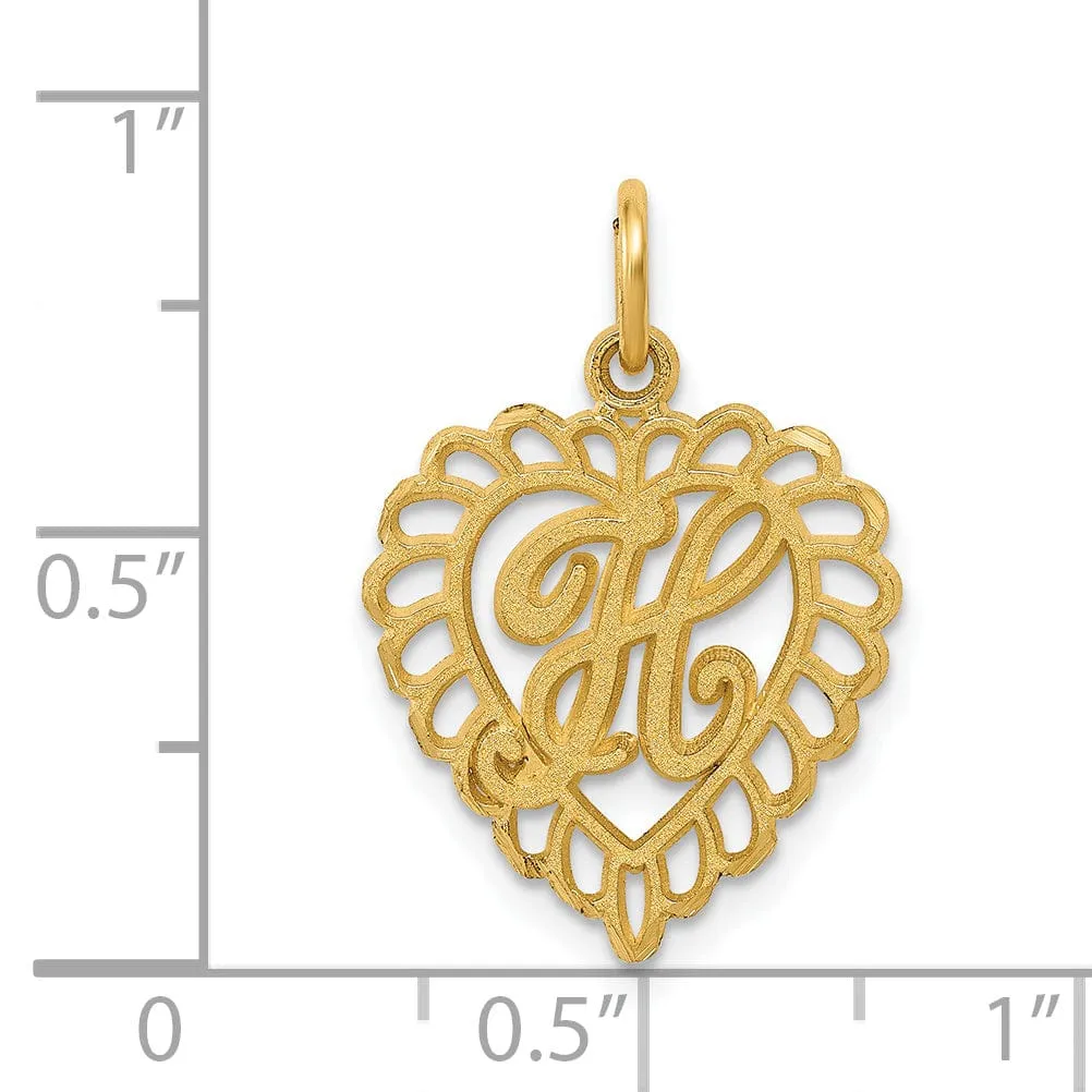 14k Yellow Gold Heart Shape Script Design Letter H Charm Pendant