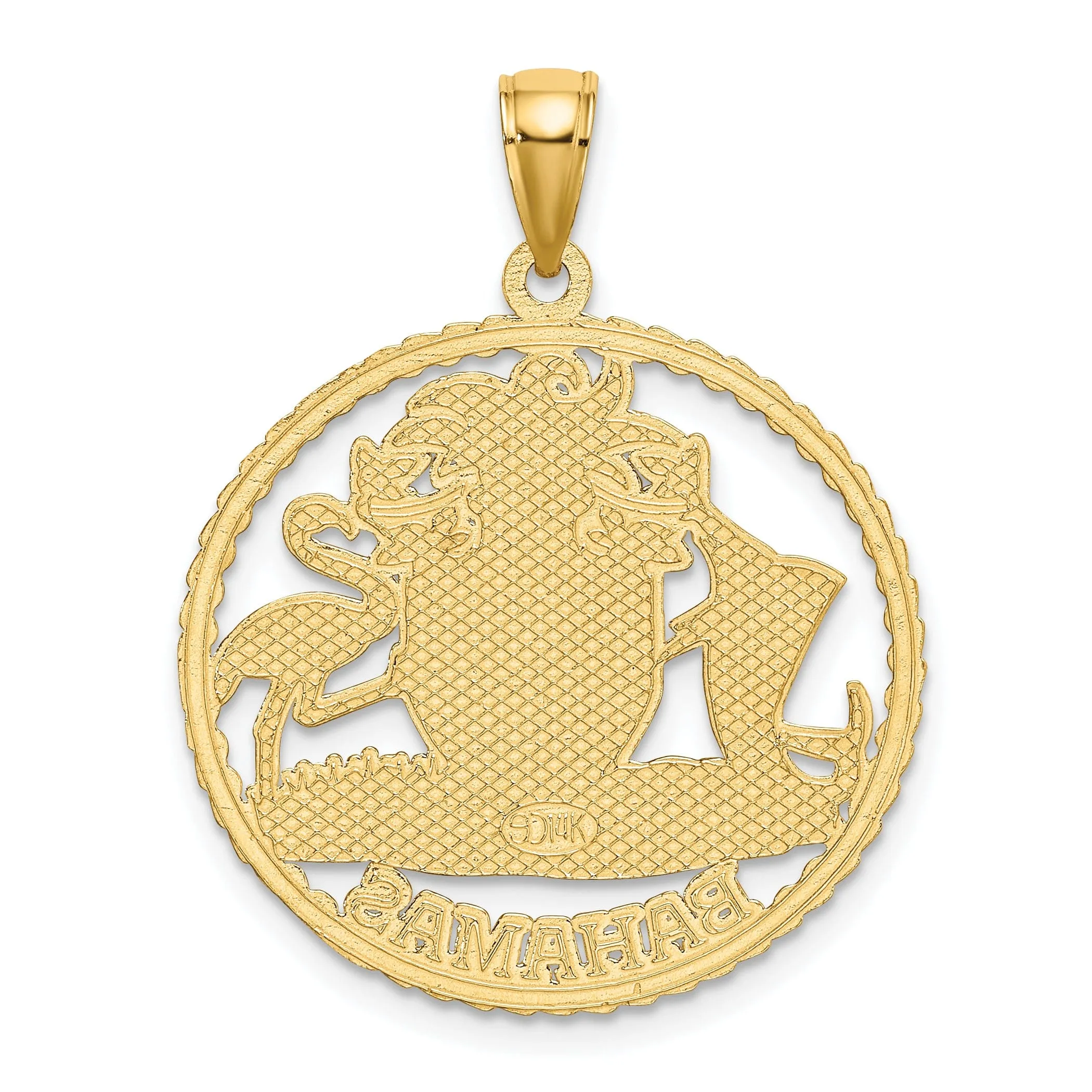 14K Yellow Gold Polished Textured Finish BAHAMAS Crest In Round Frame Design Charm Pendant