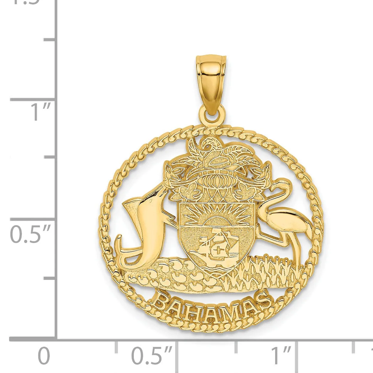 14K Yellow Gold Polished Textured Finish BAHAMAS Crest In Round Frame Design Charm Pendant