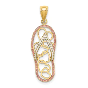 14K Yellow Gold Polished With White and Pink Enameled Finish Multi Heart Design Flip-Flop Single Sandle Charm Pendant