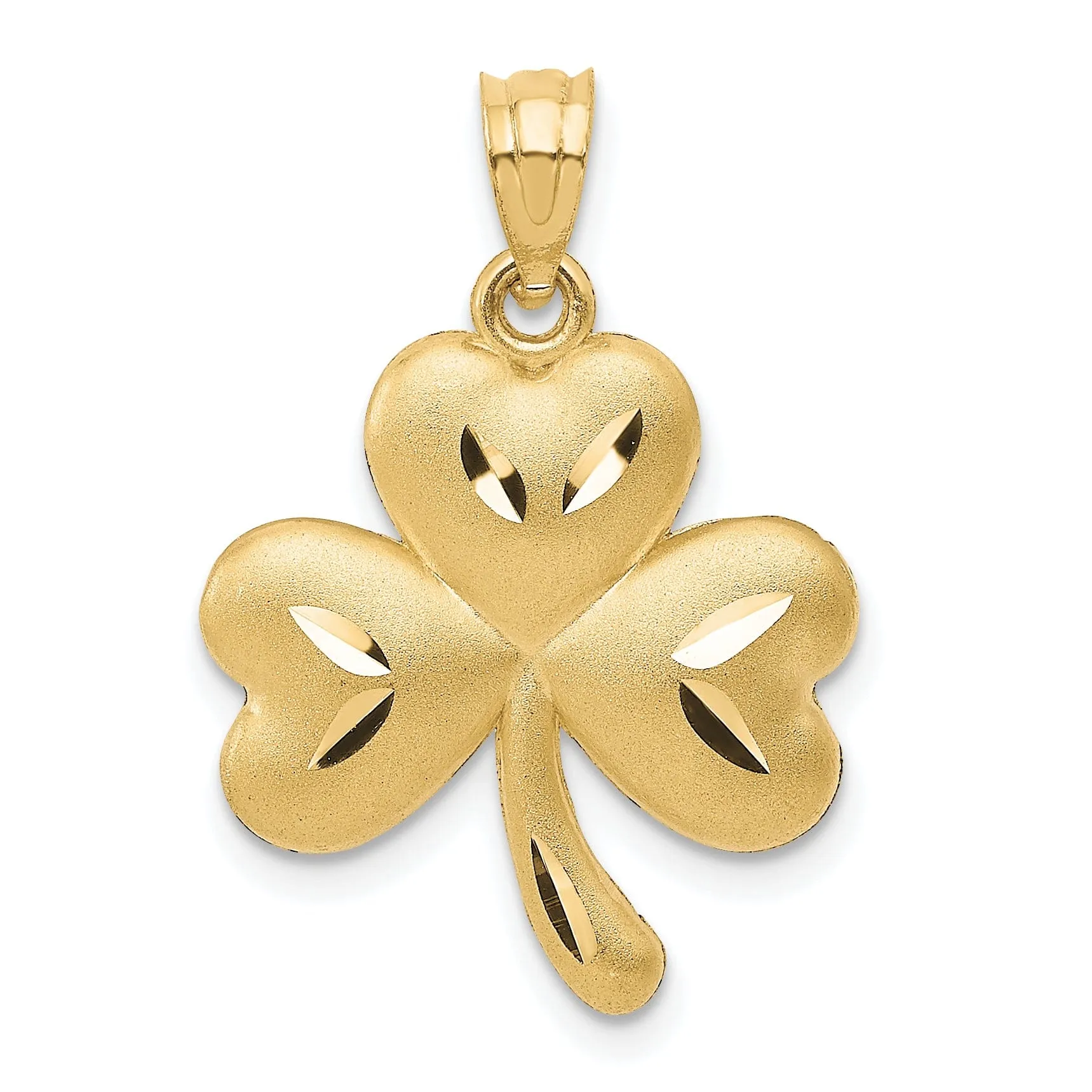 14k Yellow Gold Solid Diamond Cut Brushed Finish Concaved Shape Shamrock Charm Pendant