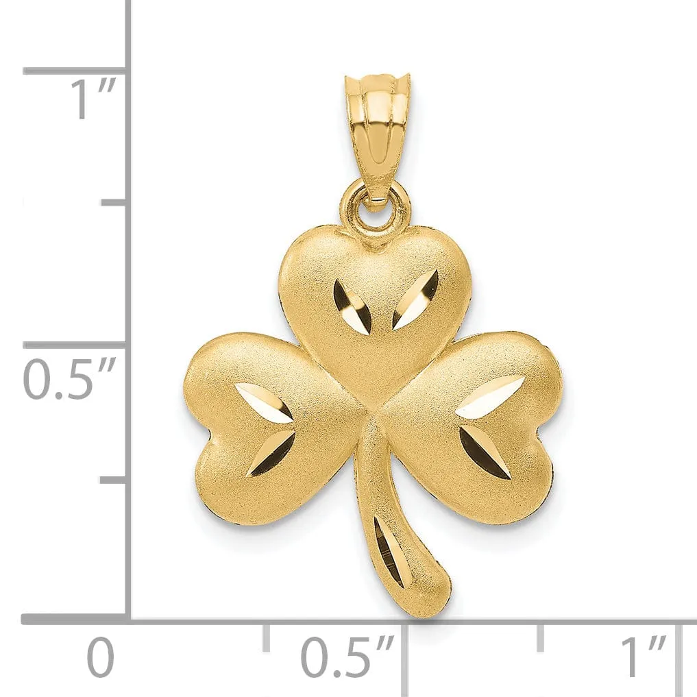 14k Yellow Gold Solid Diamond Cut Brushed Finish Concaved Shape Shamrock Charm Pendant