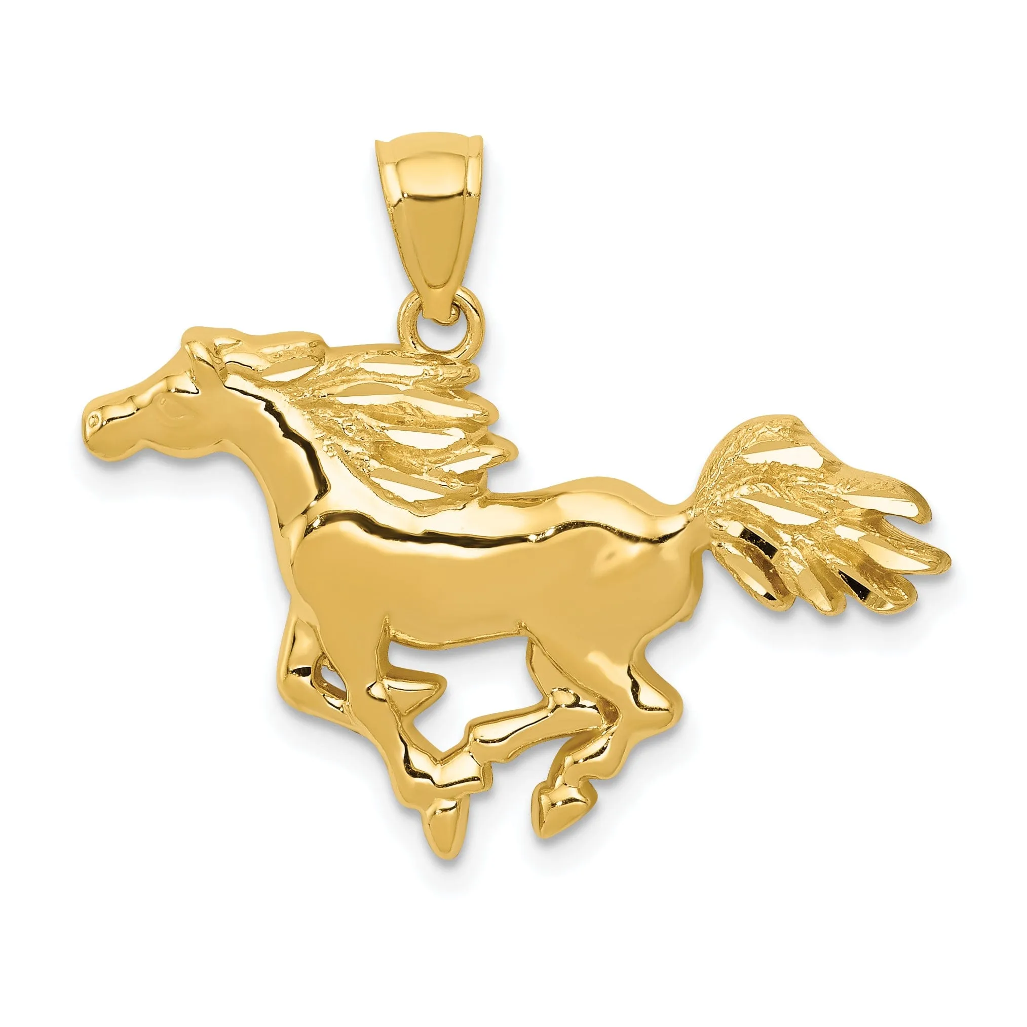 14k Yellow Gold Solid Polished Diamond Cut Finish Horse Galloping Mens Charm Pendant