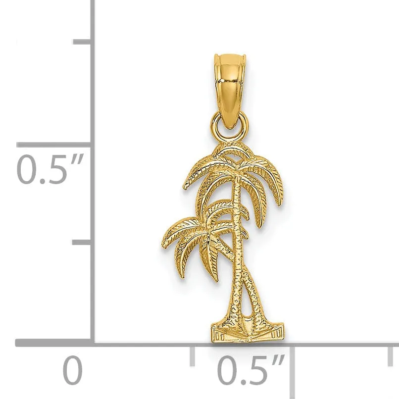 14K Yellow Gold Solid Textured Finish Double Palm Tree Design Charm Pendant