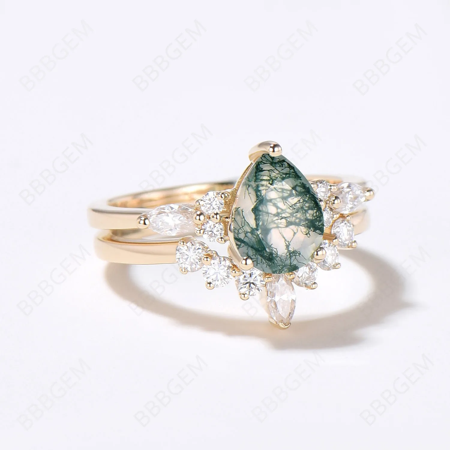 14K Yellow Gold Teardrop Moss Agate Engagement Ring