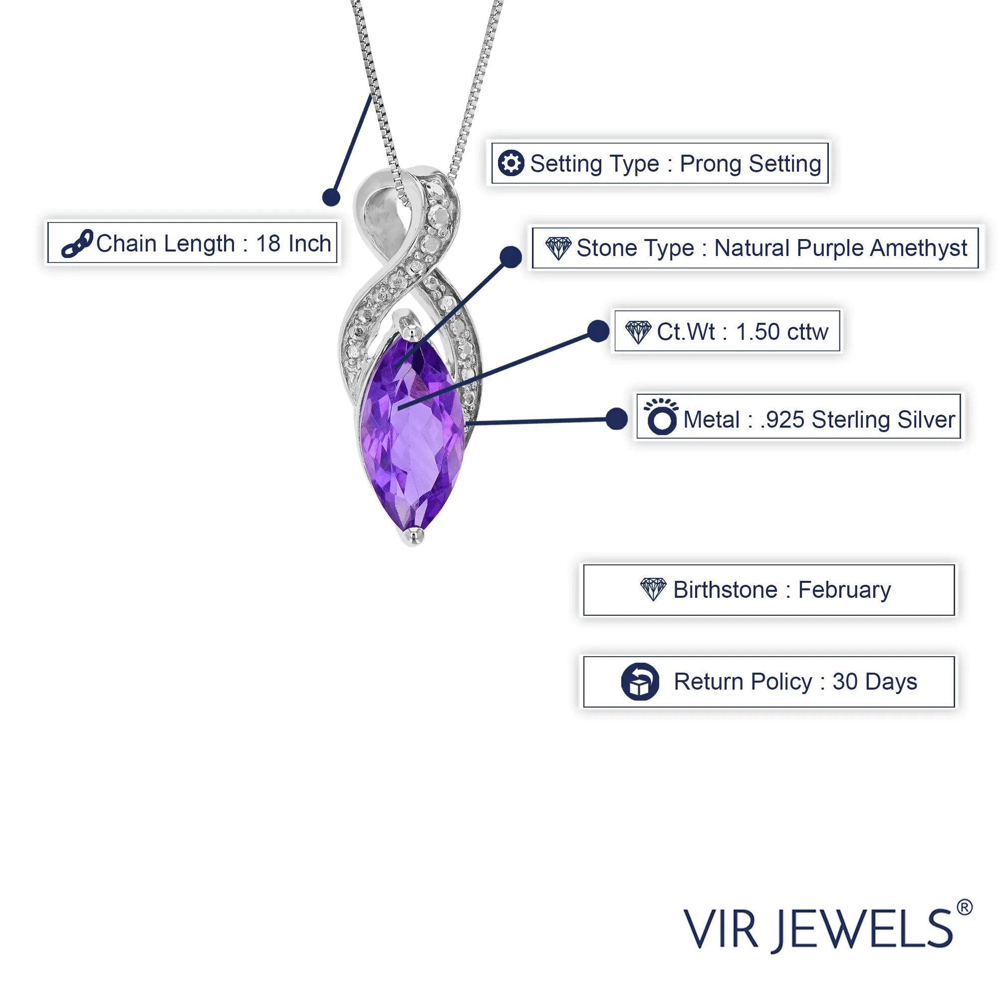 1.50 cttw Pendant Necklace, Purple Amethyst Marquise Pendant Necklace for Women in .925 Sterling Silver with Rhodium, 18 Inch Chain, Prong Setting