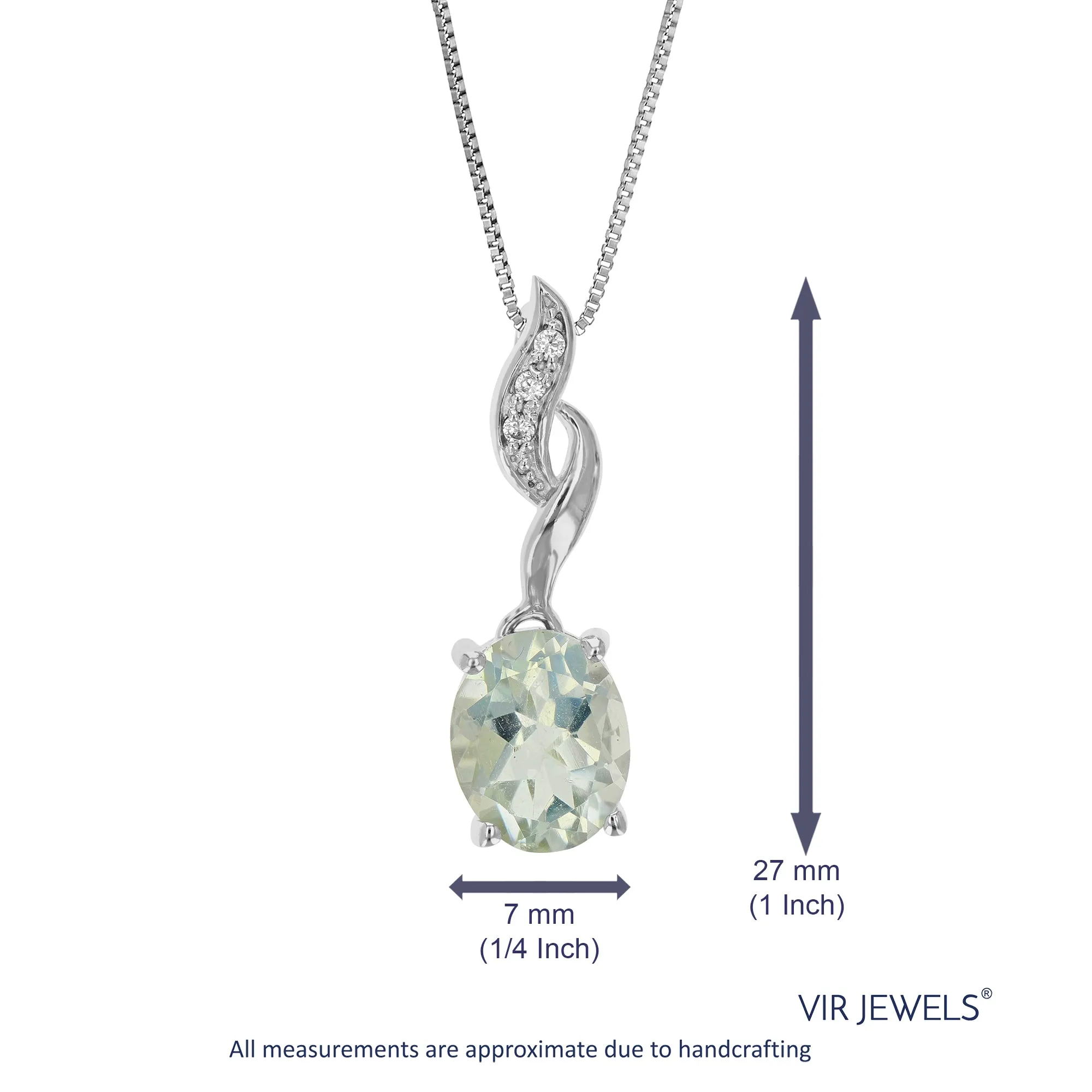 1.60 cttw Pendant Necklace, Green Amethyst Oval Pendant Necklace for Women in .925 Sterling Silver with Rhodium, 18 Inch Chain, Prong Setting