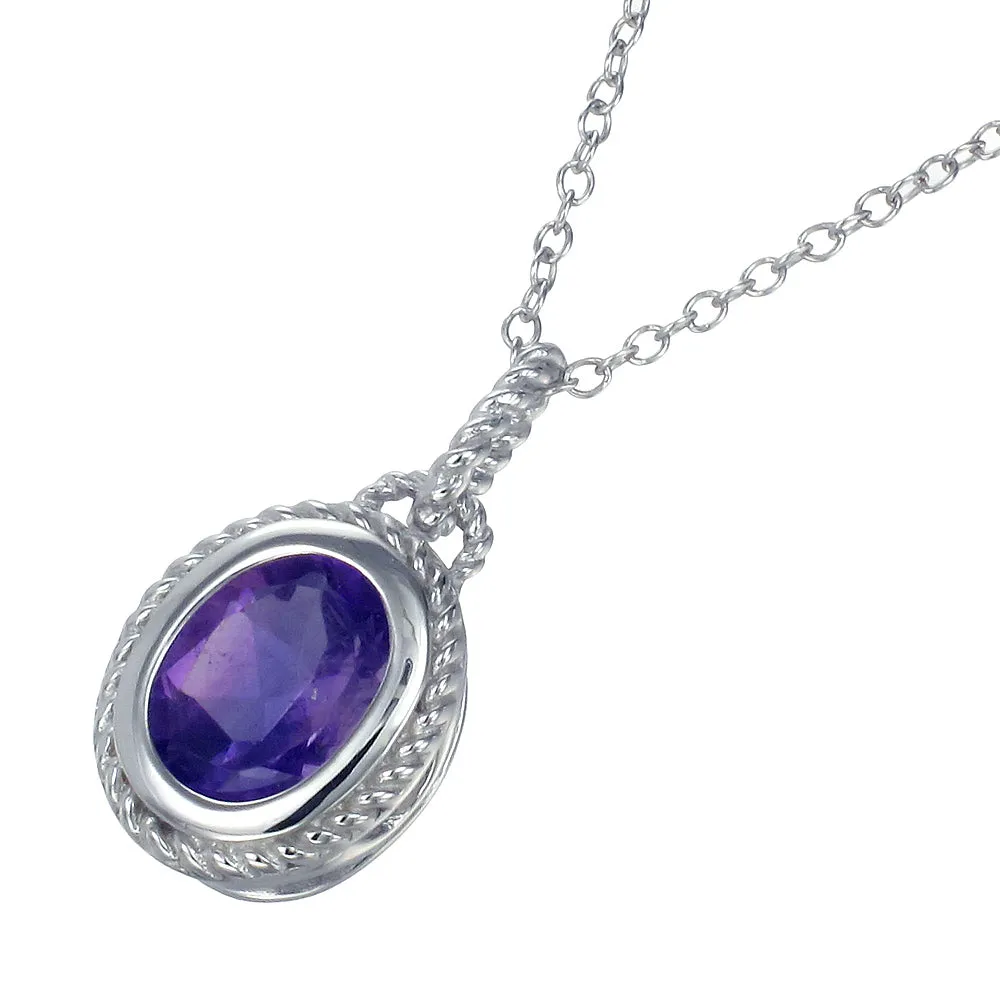 1.70 cttw Pendant Necklace, Purple Amethyst Oval Shape Pendant Necklace for Women in .925 Sterling Silver with Rhodium, 18 Inch Chain, Bezel Setting