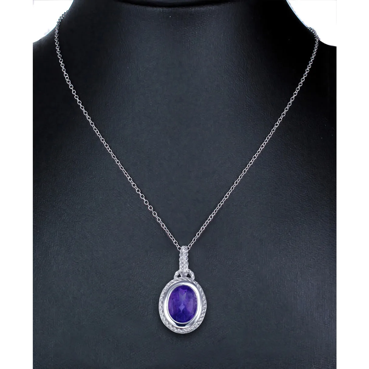 1.70 cttw Pendant Necklace, Purple Amethyst Oval Shape Pendant Necklace for Women in .925 Sterling Silver with Rhodium, 18 Inch Chain, Bezel Setting