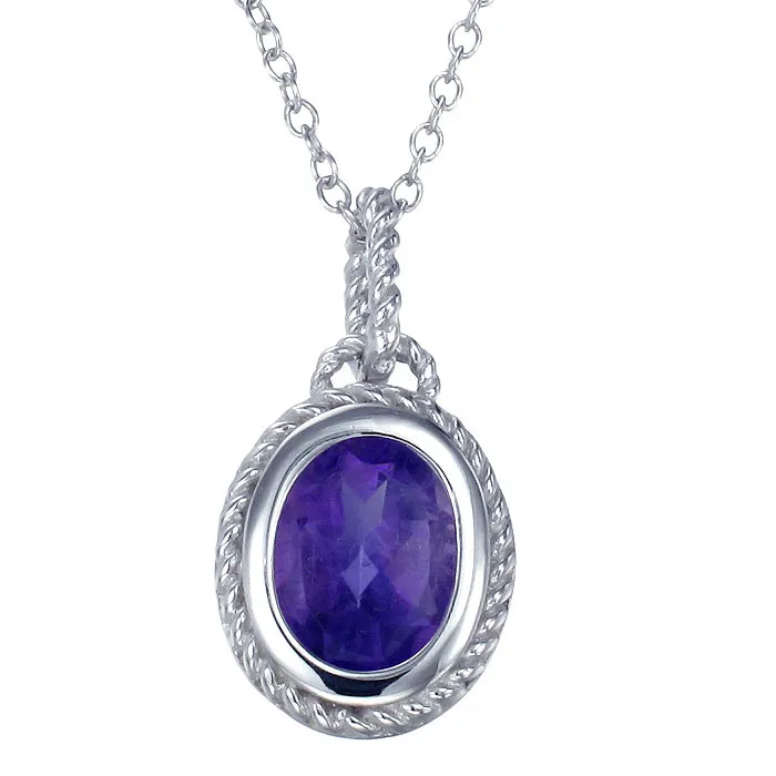 1.70 cttw Pendant Necklace, Purple Amethyst Oval Shape Pendant Necklace for Women in .925 Sterling Silver with Rhodium, 18 Inch Chain, Bezel Setting