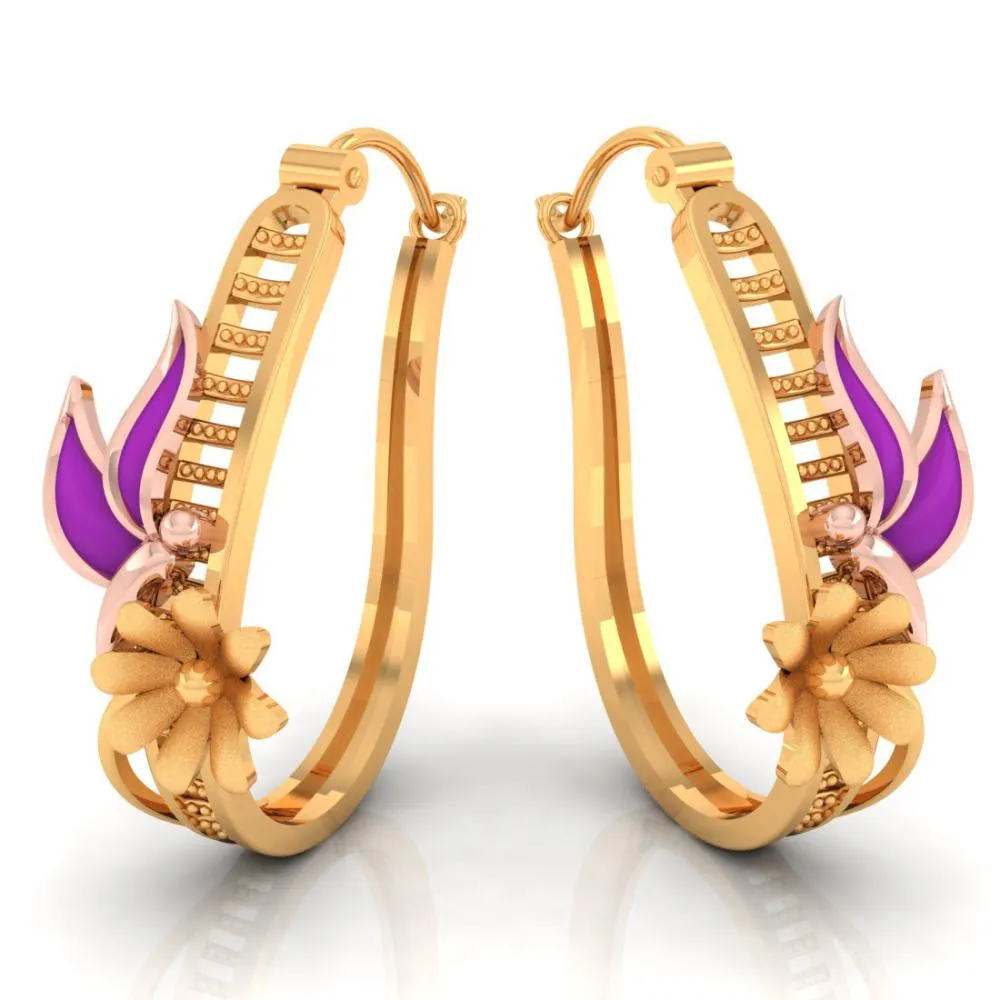 18k Elegant Gold Earrings With Butterfly On Top Of A Flower Design