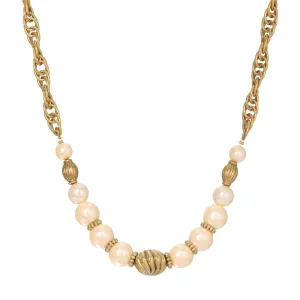 1928 Jewelry Faux Pearl Corrugated & Swirl Bead Link Chain Necklace 16"   3" Extension