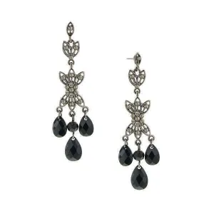 1928 Jewelry Triple Black Diamond Teardrop Crystal Post Dangle Earrings