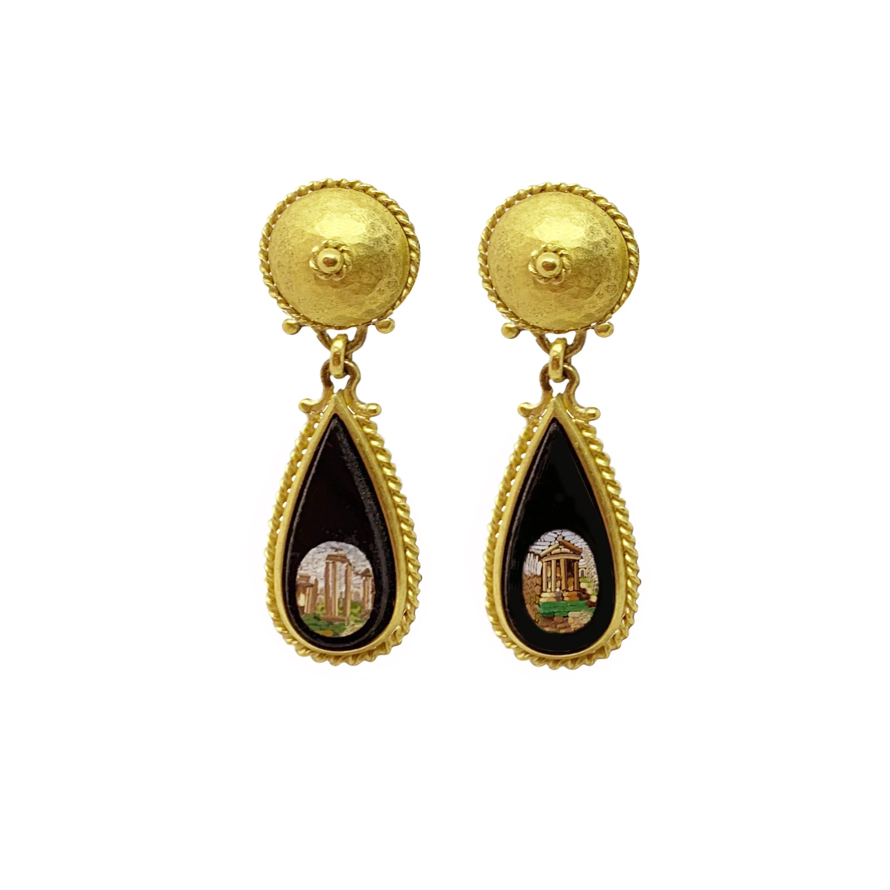 20 K gold and micromosaic earrings (mid 19th century) depicting the Roman Forum and the Temple of Vesta