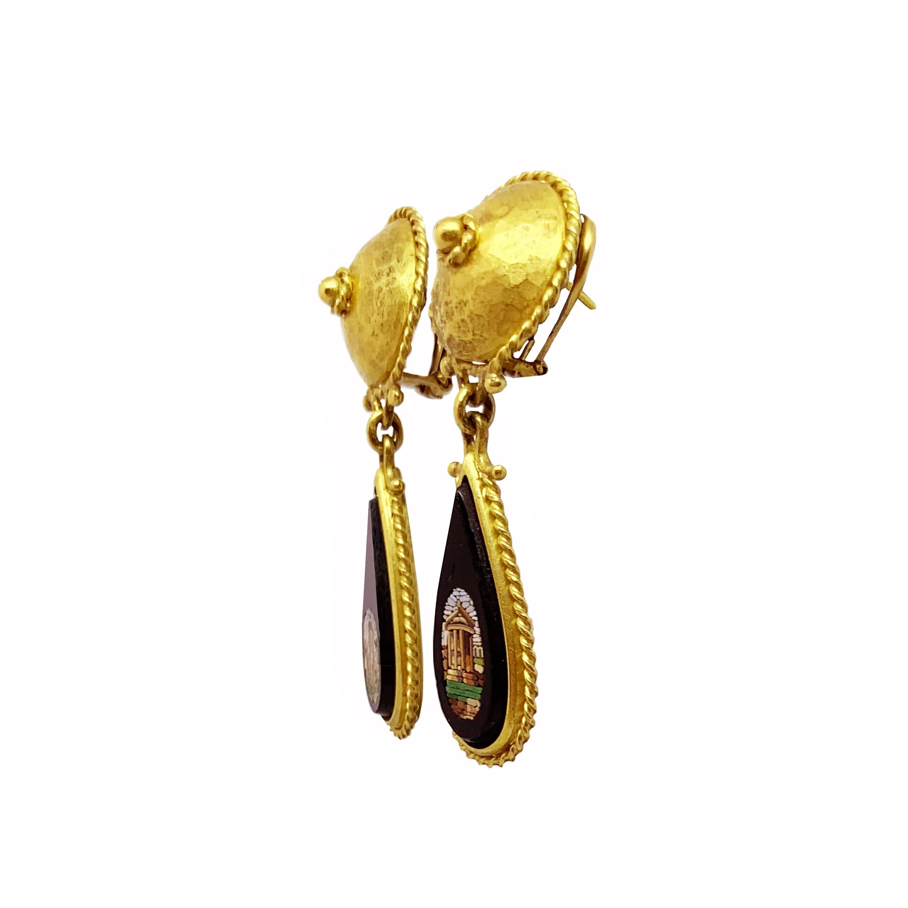 20 K gold and micromosaic earrings (mid 19th century) depicting the Roman Forum and the Temple of Vesta