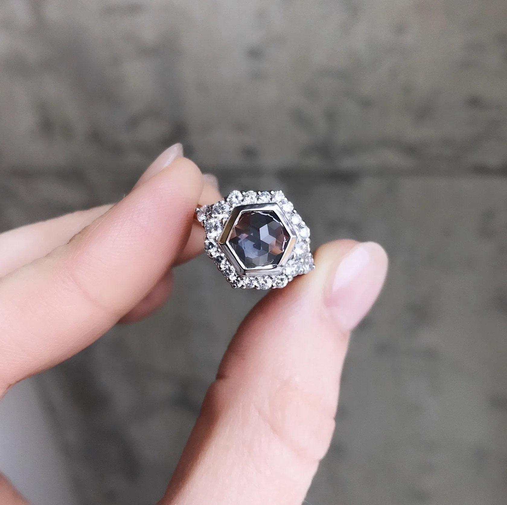 2.15ct hexagon rosecut Montana Sapphire ring in prong set halo with tapered white diamonds