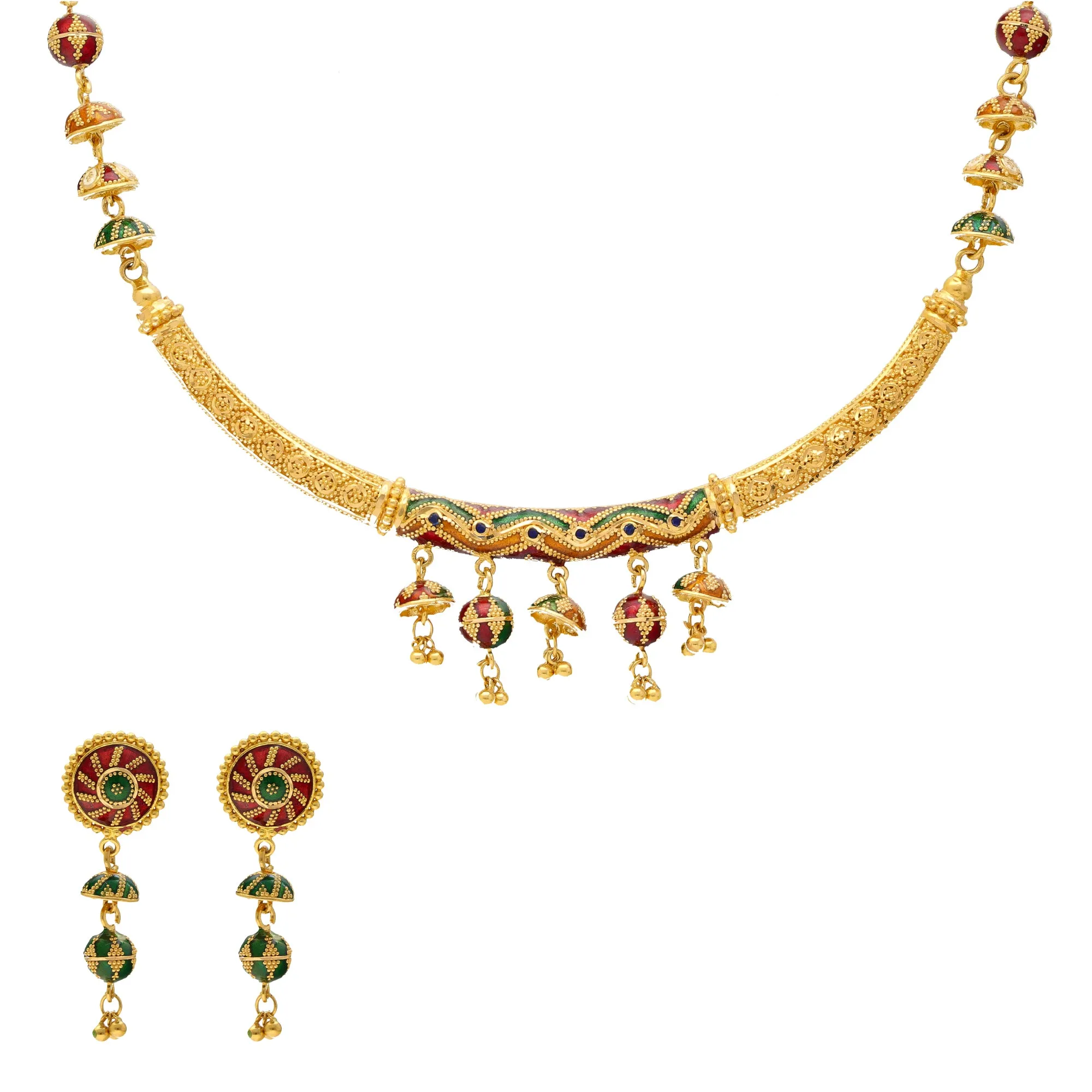 22K Yellow Gold & Enamel Choker Necklace Set (38.6gm)