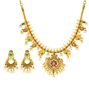 22K Yellow Gold Antique Guttapusalu Necklace and Earrings Set W/ Emeralds, Pearls, CZ, Rubies & Peacock Accents