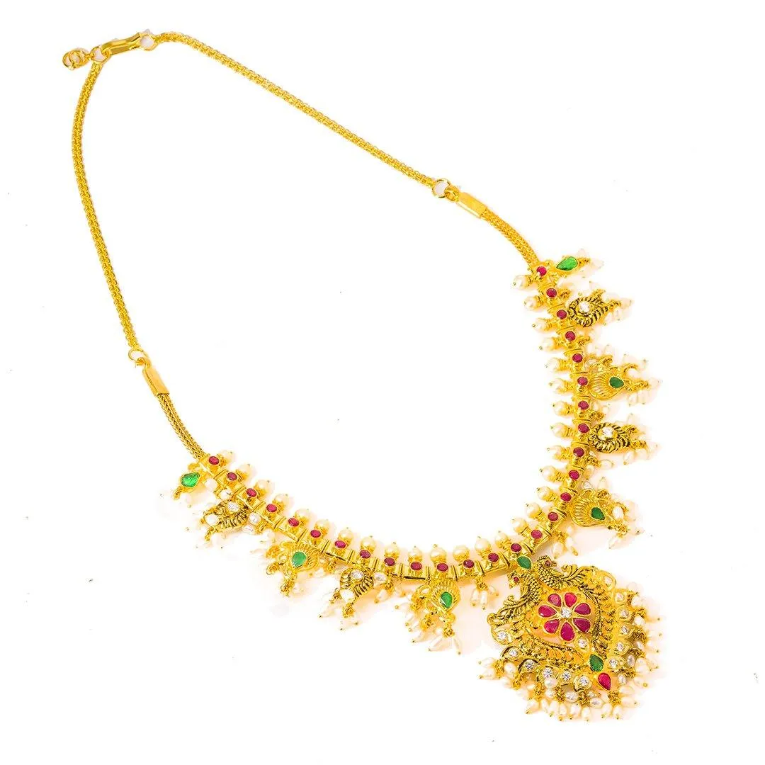 22K Yellow Gold Antique Guttapusalu Necklace and Earrings Set W/ Emeralds, Pearls, CZ, Rubies & Peacock Accents