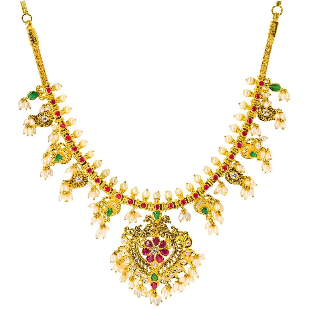 22K Yellow Gold Antique Guttapusalu Necklace and Earrings Set W/ Emeralds, Pearls, CZ, Rubies & Peacock Accents