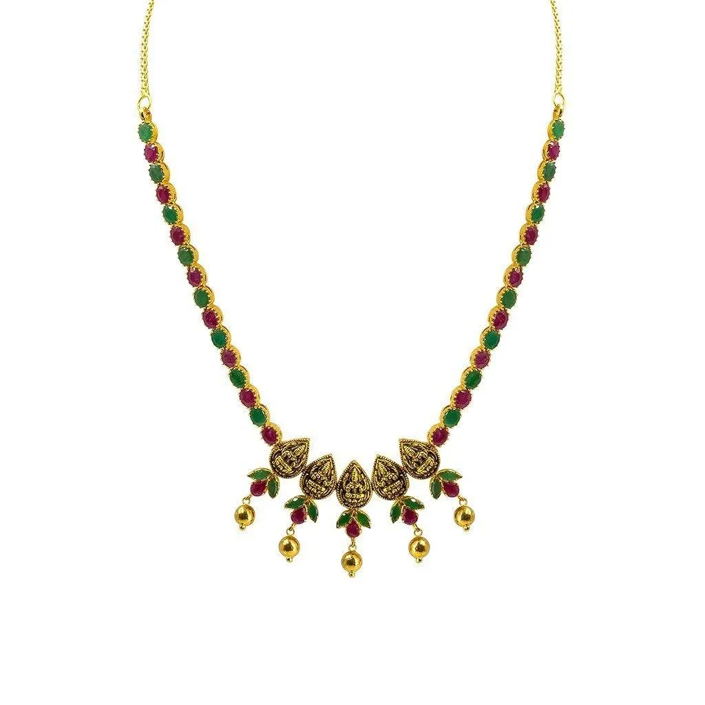 22K Yellow Gold Set Necklace & Earrings W/ Rubies, Emeralds & Pear-Shaped Laxmi Coins