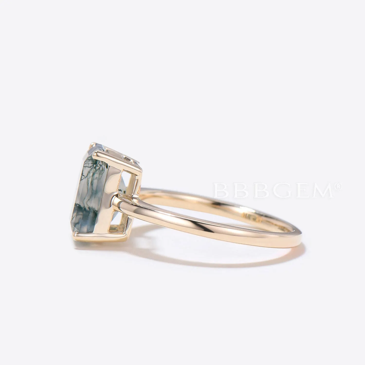 2CT Emerald Cut Natural Moss Agate Solitaire Engagement Ring