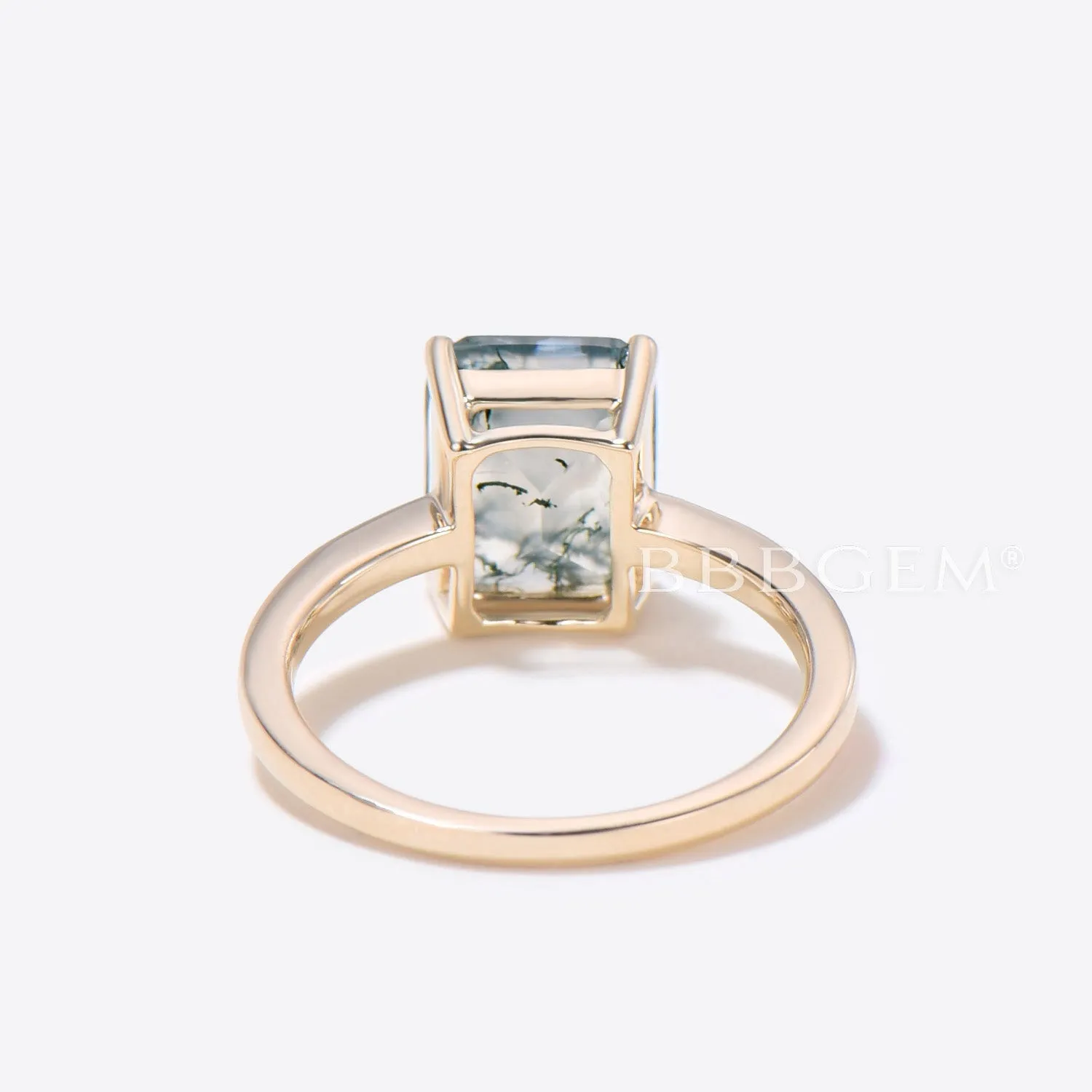 2CT Emerald Cut Natural Moss Agate Solitaire Engagement Ring