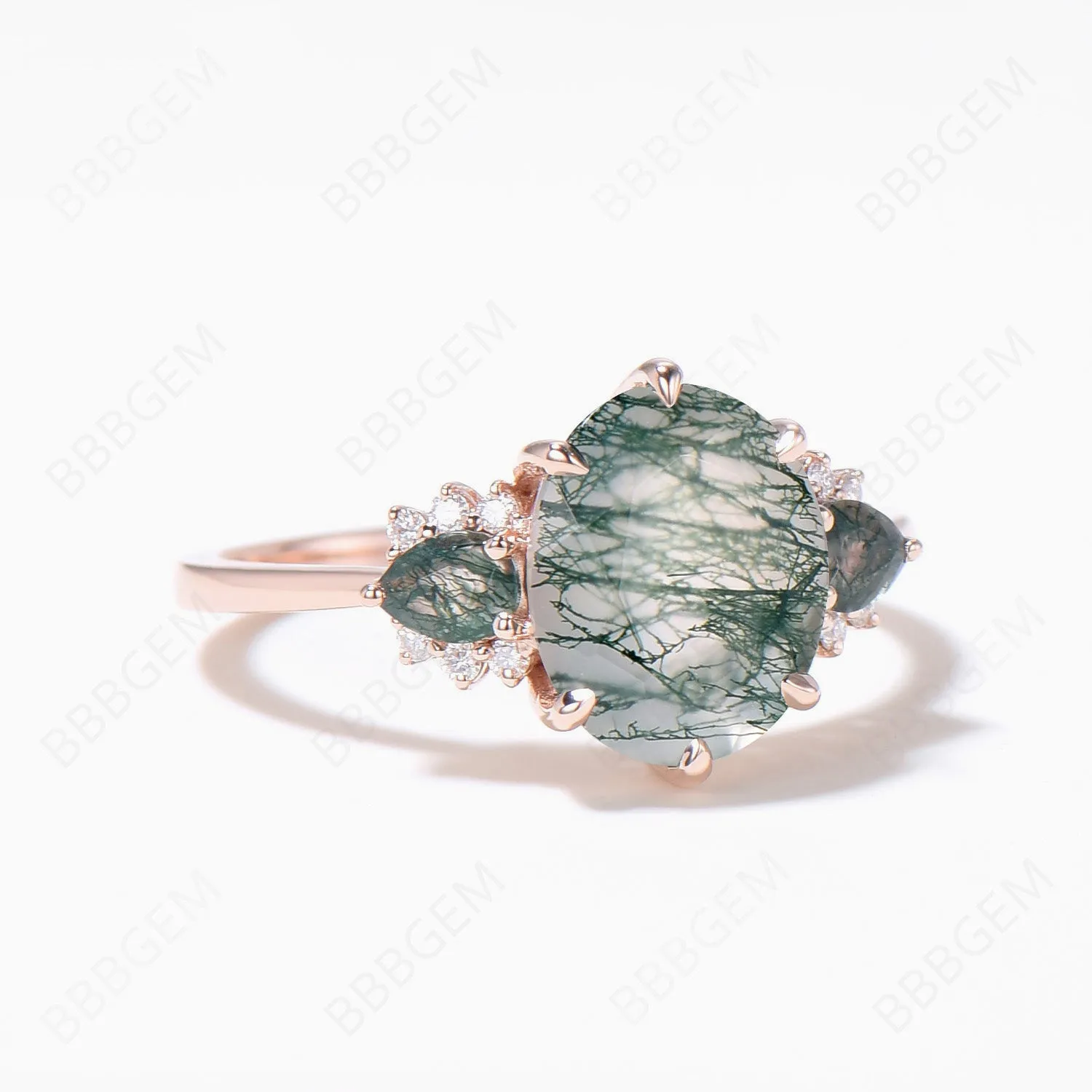 2CT Oval Natural Moss Agate Engagement Ring Vintage Pear Cut Green Agate Wedding Ring 14K Rose Gold Cluster Moissanite Ring