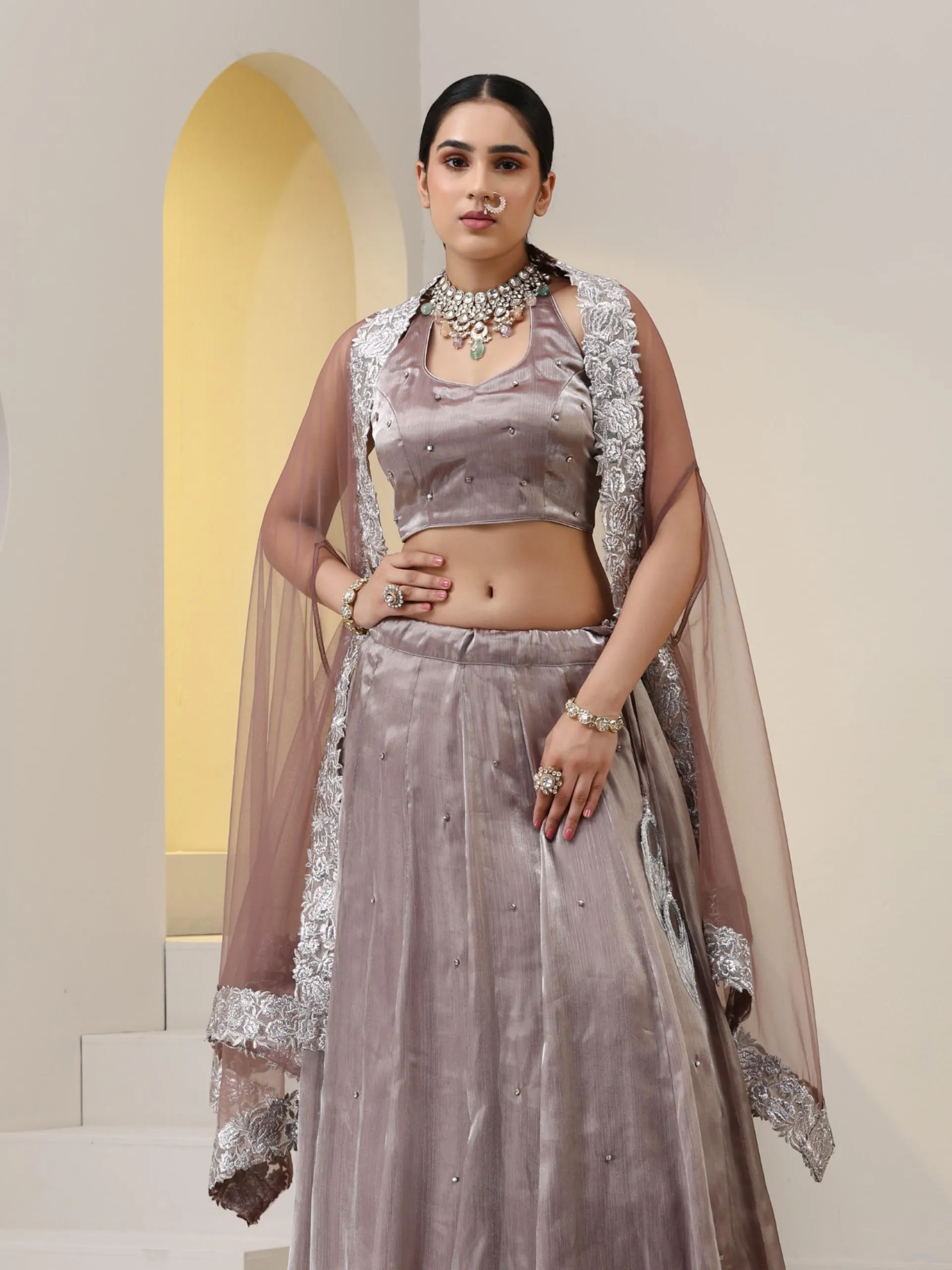 3 pc SET - Rose Pearl Lehenga ,Blouse Fabric with Diamond studs, and Net dupatta with Lace